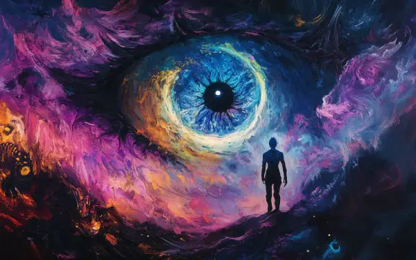 A vivid sci-fi image featuring a cosmic eye casting colorful swirls in space, with a silhouette of a figure standing in awe, perfect as a 4K Ultra HD PC desktop wallpaper.