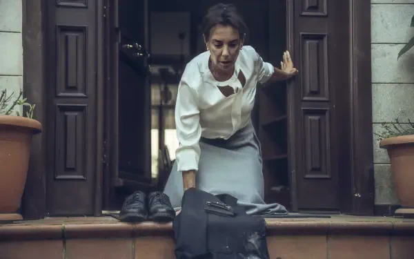 A scene from the TV show The Pit, featuring a woman in a white shirt and gray skirt, struggling as she steps out of a doorway, with a bag and shoes on the steps. 4K Ultra HD wallpaper.