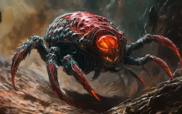 A vivid Sci-Fi depiction of a Void Walker, this alien creature boasts a sinister appearance with glowing orange eyes and textured, menacing limbs, making it an intriguing 4K Ultra HD wallpaper.