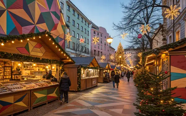 A vibrant Christmas market filled with colorful stalls, twinkling lights, and festive decorations, set against a charming street, captured in stunning 4K Ultra HD.