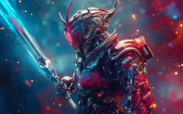 A striking sci-fi psionic warrior stands ready for battle, clad in intricate armor with vibrant colors, wielding a glowing sword against a dynamic cosmic backdrop. 4K Ultra HD quality.