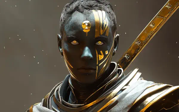 A striking Psionic Warrior stands boldly, adorned in intricate armor with golden accents, set against a cosmic backdrop. This 4K Ultra HD image captivates with its sci-fi allure.