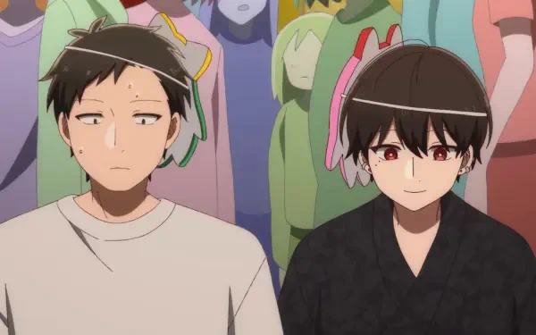 Anime-themed HD desktop wallpaper depicting two characters at an all-guy's mixer, highlighting their contrasting expressions amidst a colorful background of other attendees.