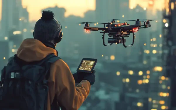 A man in a beanie operates a drone while overlooking a cityscape at dusk, emphasizing the blend of technology and urban life in this 4K Ultra HD wallpaper.