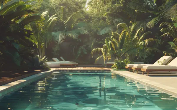 Serene poolside scene surrounded by lush greenery, featuring a tranquil swimming pool and comfortable lounge chairs. This vibrant 4K Ultra HD wallpaper captures a relaxing vibe.