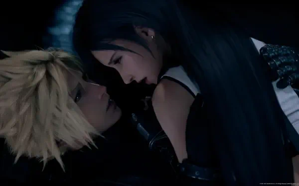A dramatic scene featuring Cloud Strife and Tifa Lockhart from Final Fantasy VII Remake, captured in stunning 4K Ultra HD. Perfect as a captivating desktop wallpaper.