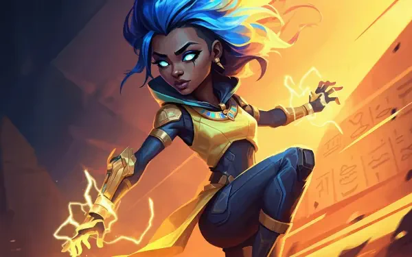 Neon (Valorant)—blue hair, glowing eyes and electric sparks in a dynamic pose; vibrant 2K Quad HD PC desktop wallpaper/background from Valorant.