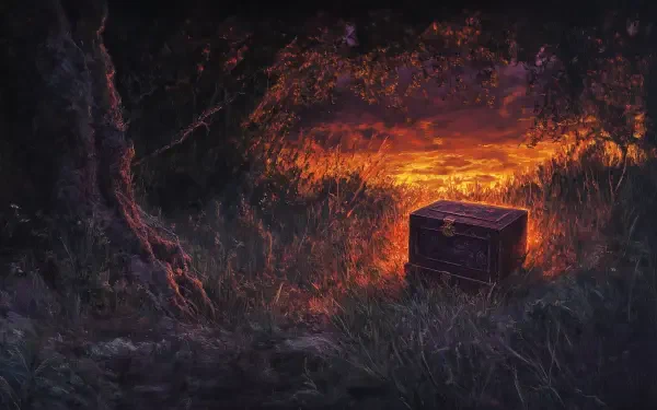 A mysterious Pandora’s Box rests in a lush, dark forest, illuminated by a warm, glowing light. This captivating image serves as a stunning HD desktop wallpaper and background.