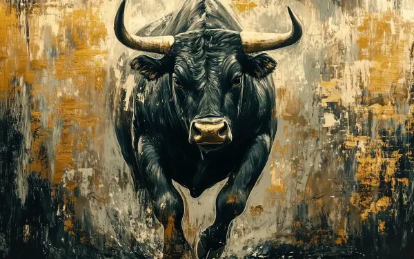 A striking HD desktop wallpaper featuring a powerful bull, with a dynamic and textured background that enhances its majestic presence.