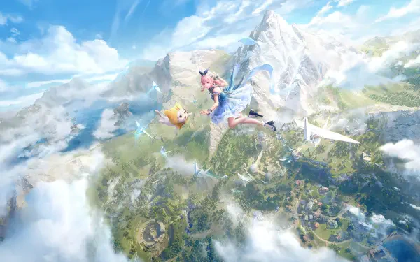 A vibrant HD wallpaper from the video game Infinity Nikki, featuring a character soaring above lush landscapes and majestic mountains under a bright blue sky.