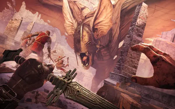 A dynamic scene from Skydance's BEHEMOTH features a massive creature and warriors battling amidst a ruined landscape, making a striking HD PC desktop wallpaper.