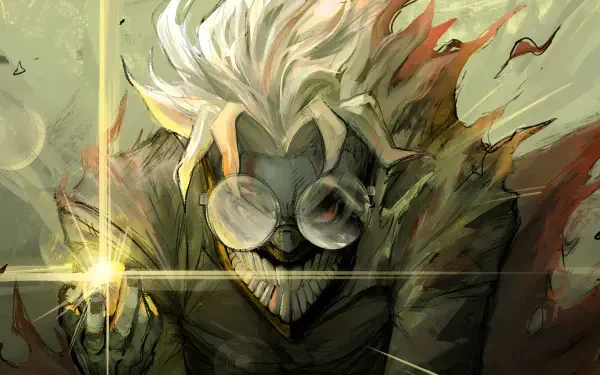 HD anime desktop wallpaper featuring a dark, intense character from Dandadan with wild white hair, goggles, and a glowing finger, evoking Ken Takakura's tough persona.