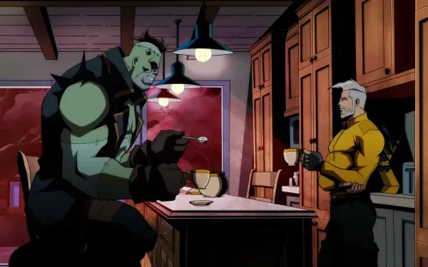 Animated scene from the TV show Creature Commandos, featuring a green creature and a man in a yellow shirt enjoying drinks at a kitchen counter. HD desktop wallpaper.