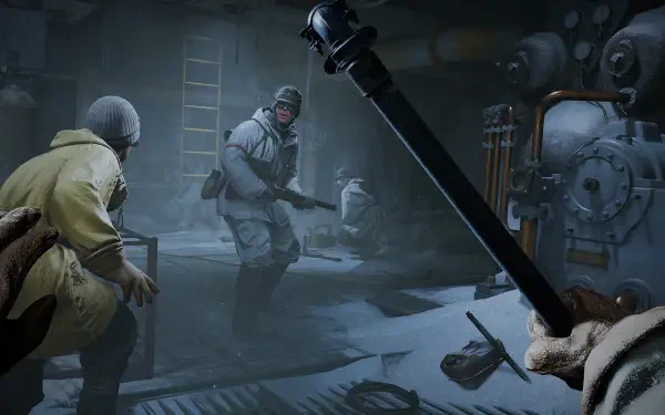 A dramatic scene inspired by the video game Indiana Jones and the Great Circle, featuring characters in winter gear amidst a tense, shadowy environment. High-definition PC wallpaper.