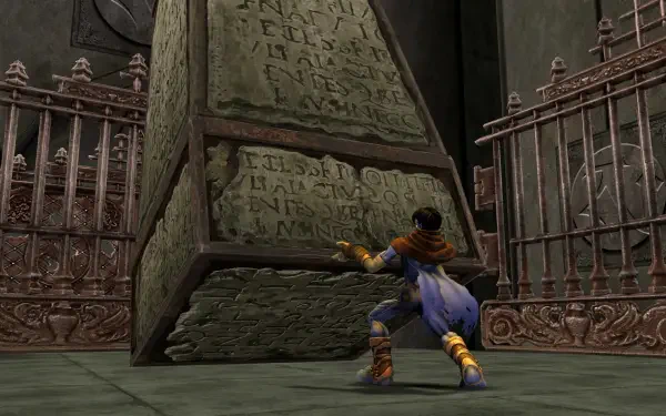 A scene from the video game Legacy of Kain: Soul Reaver 1 & 2 Remastered, featuring a character interacting with an ancient stone structure in a dark, atmospheric environment.