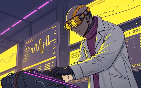 A cyberneticist in a futuristic lab, wearing goggles and a lab coat, works on high-tech equipment while vibrant screens display data and graphs in the background. 4K Ultra HD wallpaper.
