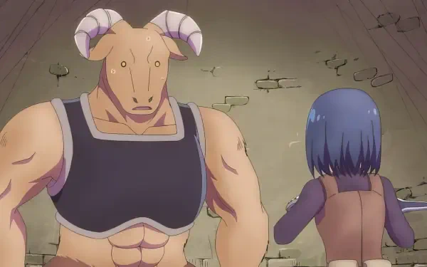 Anime-style HD PC desktop wallpaper from Dungeon People, featuring a muscular minotaur character and a blue-haired figure in a dungeon setting.