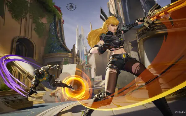 A dynamic HD wallpaper for Marvel Rivals showcases an intense battle scene with a fierce character wielding weapons, set against a futuristic urban backdrop.