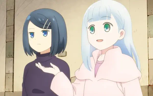 Two anime characters stand in a dungeon setting, one with short black hair and a serious expression, the other with long light blue hair, smiling and gesturing, creating an engaging HD desktop wallpaper.