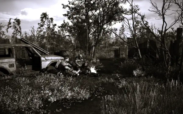 A haunting 4K Ultra HD wallpaper from S.T.A.L.K.E.R. 2: Heart of Chernobyl, depicting a desolate landscape with overgrown vegetation and remnants of abandoned vehicles.