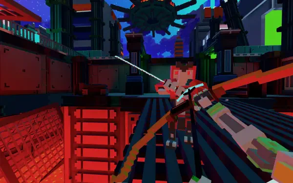 A vibrant HD wallpaper from the video game Clone Drone in the Hyperdome, featuring a character aiming an arrow in a futuristic, high-tech arena.