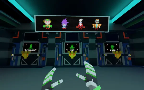 A vibrant HD wallpaper from Clone Drone in the Hyperdome, featuring character selections and robotic hands in a futuristic gaming environment.