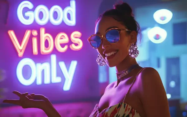 A stylish girl wearing sunglasses and Y2K-inspired earrings smiles confidently beside a neon Good Vibes Only sign, captured in an HD desktop wallpaper background.