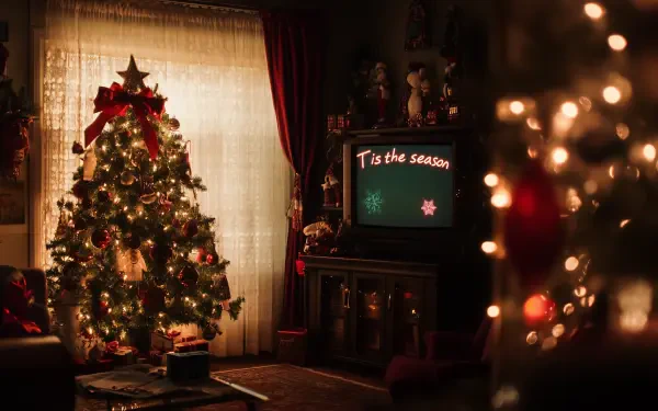 A cozy Christmas scene featuring a beautifully decorated tree, warm lighting, and an old TV displaying the quote Tis the season, creating a festive atmosphere.