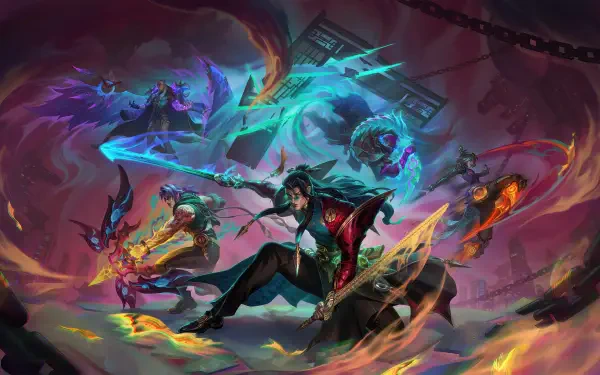 Dynamic 8K Ultra HD wallpaper featuring Camille, Yone, Varus, and Pyke from League of Legends, showcasing intense action and vibrant colors in a fantasy battle scene.