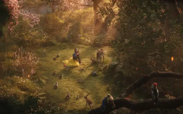 A vibrant scene from the 2025 movie Snow White, featuring the character in a yellow dress surrounded by animals in a sunlit forest filled with lush greenery and colorful flowers.