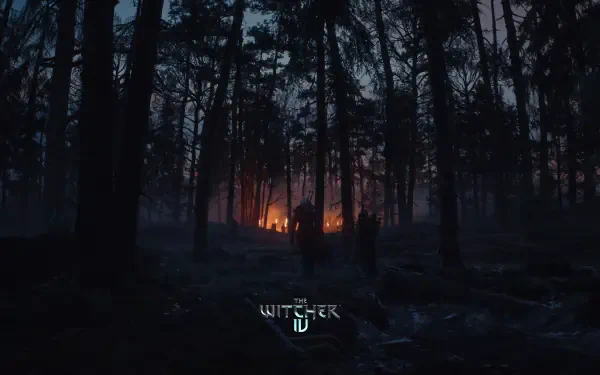 HD wallpaper for The Witcher IV, featuring a dark forest scene illuminated by distant flames, creating an atmospheric setting for the iconic video game.