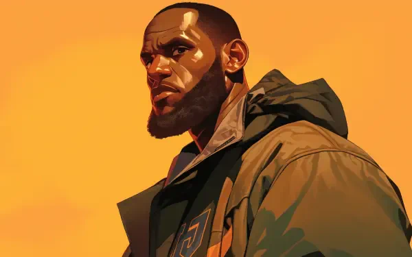 A striking HD wallpaper featuring LeBron James, showcasing his intense gaze against a vibrant orange background, capturing the essence of basketball and NBA greatness.