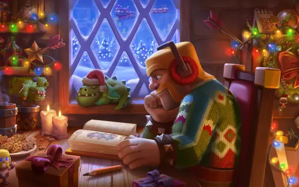 A cozy scene featuring a Clash of Clans character in a festive sweater, listening to music while reading by a window adorned with Christmas lights and snow outside.