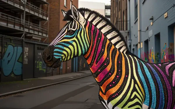 A vibrant zebra with multicolored stripes stands in an urban setting, showcasing a striking contrast against the backdrop, making it an eye-catching 4K Ultra HD desktop wallpaper.