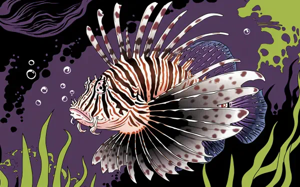 A vibrant 4K Ultra HD wallpaper featuring a striking lionfish surrounded by colorful underwater elements and bubbles, capturing the beauty of marine life.