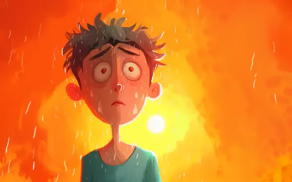 A worried character stands under a bright, melting sun, surrounded by an orange glow reminiscent of a sunny day. This vibrant image serves as a striking 4K Ultra HD background.
