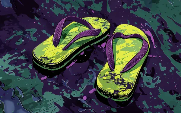 A vibrant pair of green and purple flip flops rests against a dark, textured background, showcased as a detailed 4K Ultra HD desktop wallpaper and background.