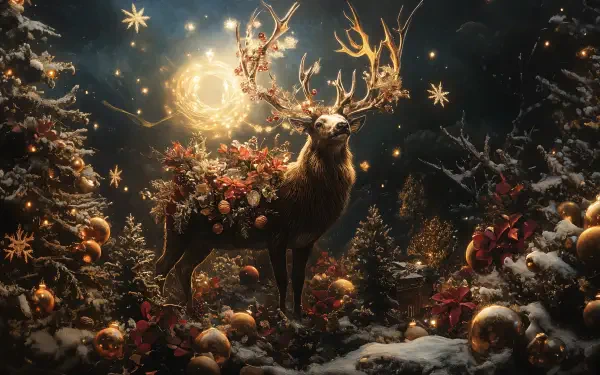 A majestic reindeer adorned with festive decorations stands among snowy trees, surrounded by glowing orbs and twinkling stars, capturing the essence of holiday spirit in stunning 4K Ultra HD.