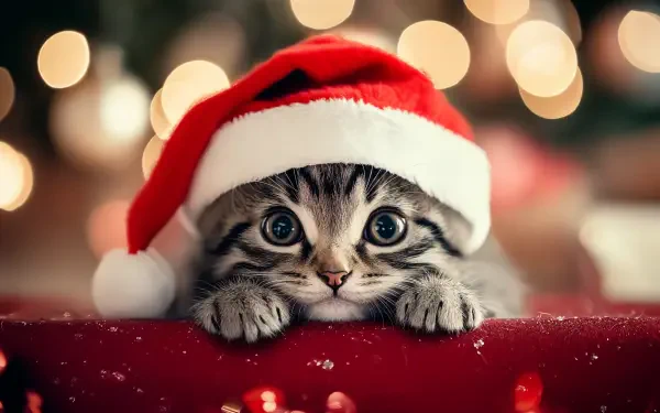 A cute cat wearing a Santa hat rests its paws on a festive surface, surrounded by soft holiday lights, captured beautifully in this 4K Ultra HD desktop wallpaper.