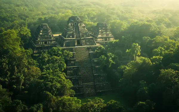 Ancient Maya temple nestled in lush greenery, captured in stunning 4K Ultra HD, showcasing the majestic ruins amidst a serene forest backdrop.