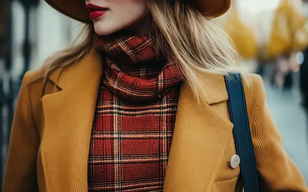 A stylish woman showcases a trendy outfit featuring a mustard-colored coat and a plaid scarf, exuding confidence amidst an autumn backdrop. Captured in stunning 4K Ultra HD.