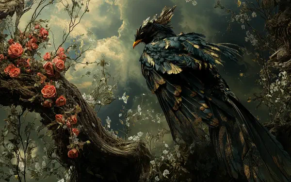 A striking baroque-inspired depiction of a majestic bird amidst blooming roses and a dramatic sky, perfect as a 4K Ultra HD desktop wallpaper and background.