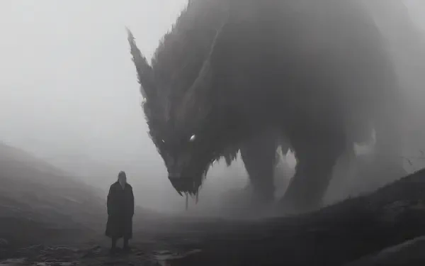 A dramatic 4K Ultra HD desktop wallpaper featuring Fenrir, a massive wolf emerging from mist, towering over a solitary figure in a mysterious landscape.