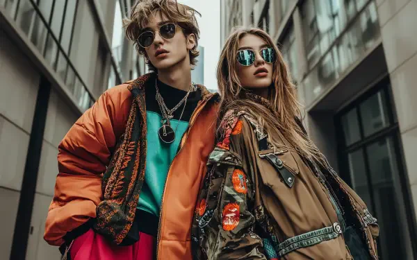 Trendy outfit featuring stylish models in vibrant jackets and sunglasses, captured in an urban setting. A striking 4K Ultra HD desktop wallpaper and background.