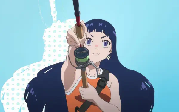 A vibrant anime character with long dark hair holds a fishing rod, exuding confidence against a blue background. This HD wallpaper captures the essence of the Negative Positive Angler theme.