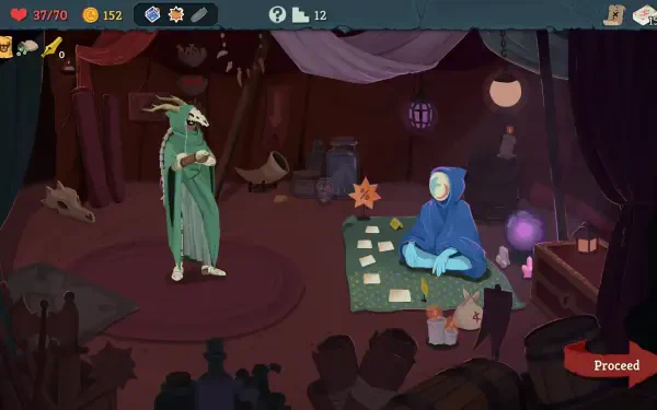 A captivating scene from the video game Slay the Spire 2, featuring a mysterious character in green confronting a cloaked figure at a card table in a dimly lit environment.