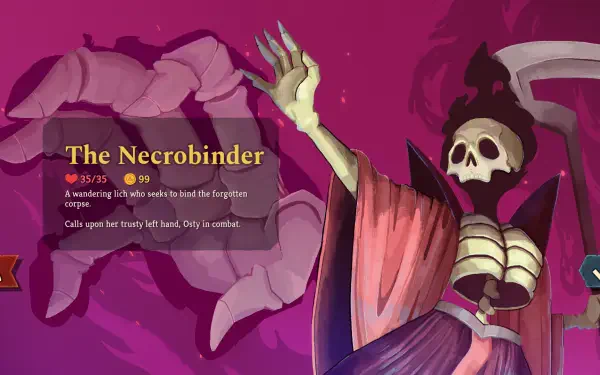A captivating HD wallpaper from Slay the Spire 2, featuring the Necrobinder, a skeletal figure calling upon the forgotten corpses, set against a striking purple backdrop.