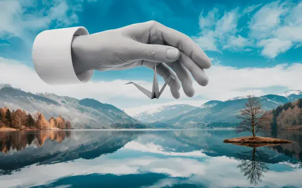 A serene landscape features a hand delicately holding a small origami crane above a tranquil lake, with mountains and a clear blue sky reflected in the water. 4K Ultra HD wallpaper.