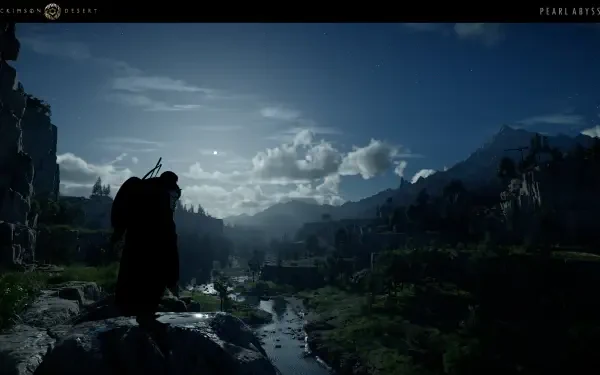 A striking 4K Ultra HD desktop wallpaper from the video game Crimson Desert, showcasing a silhouetted figure against a breathtaking landscape of mountains and a winding river under a dramatic sky.