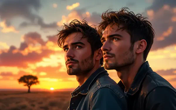 A striking 4K Ultra HD desktop wallpaper featuring two brothers gazing thoughtfully at a sunset, with dynamic clouds and an open landscape in the background.
